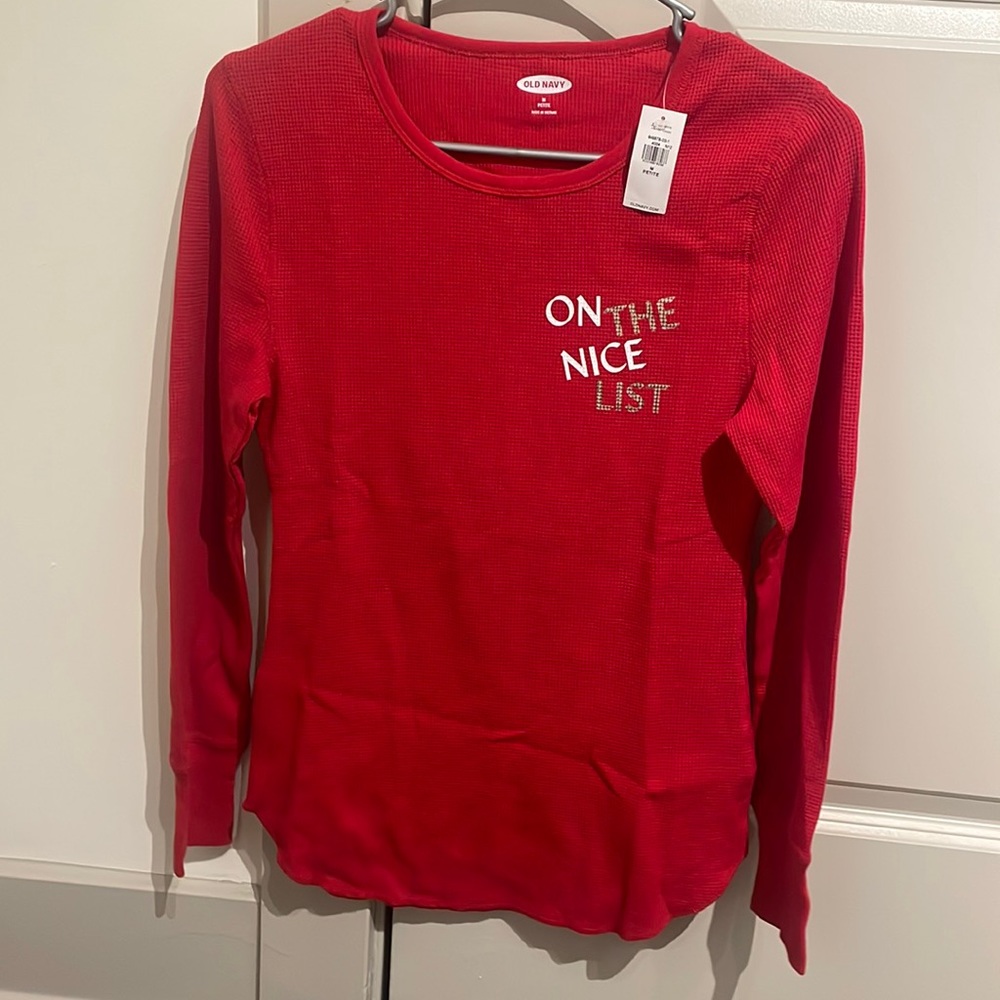 NWT red waffle pajama top “on the nice list”
